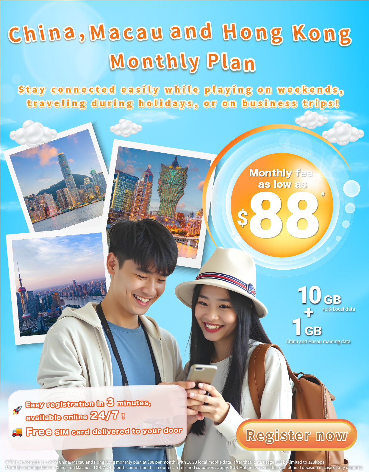 4.5G China, Macau and Hong Kong Data Service Plan - 10GB Local and 1GB China and Macau Roaming Data